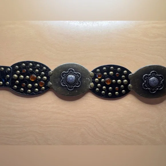 Y2K Studded Leather Western Concho Belt Amber Rhinestones Croc Embossed - Picture 6 of 9